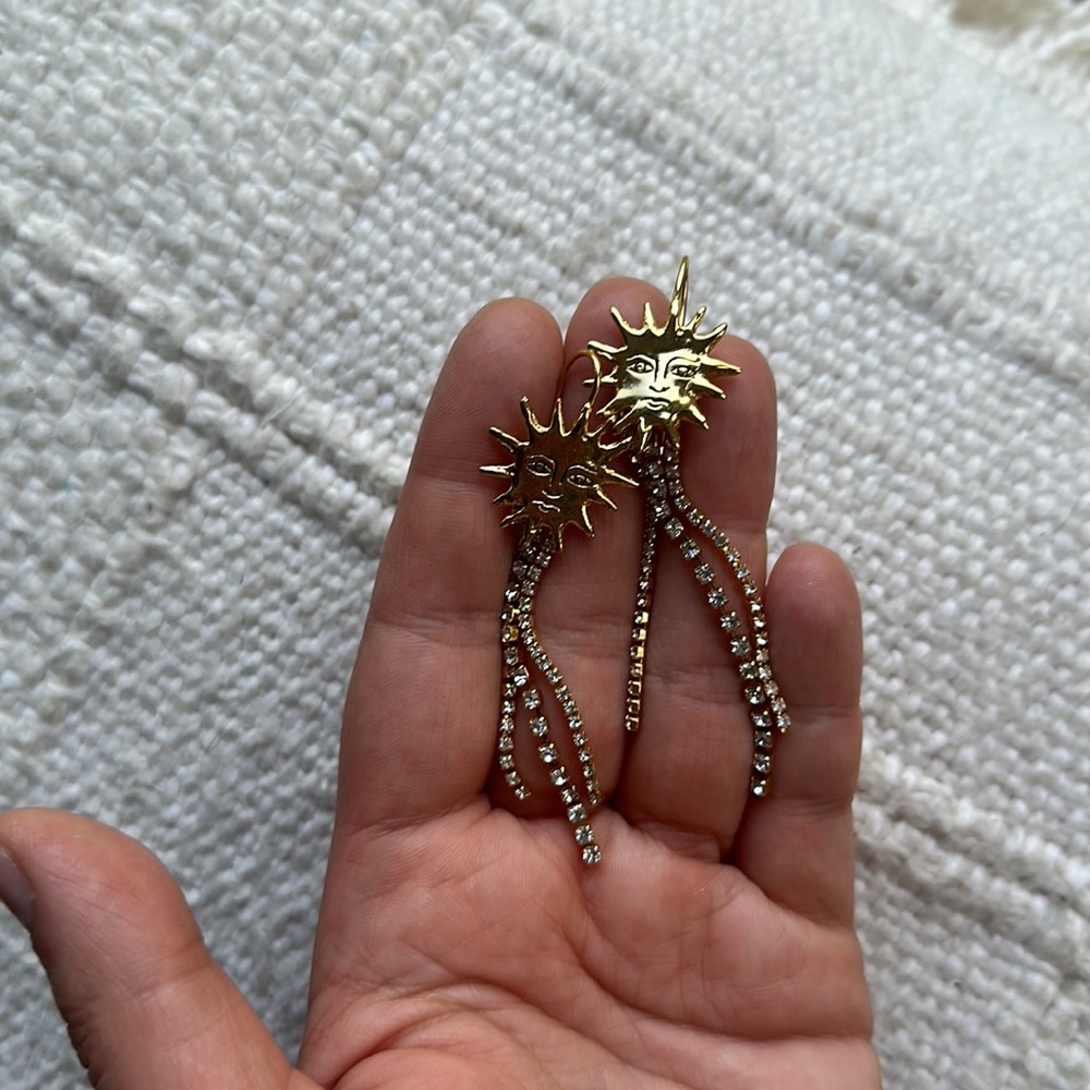 14k gold plated and CZ dangle sun earrings